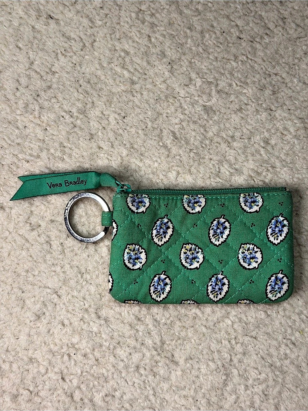 Vera Bradley Green Floral Zip ID Case Wallet Key Ring Blue Quilted